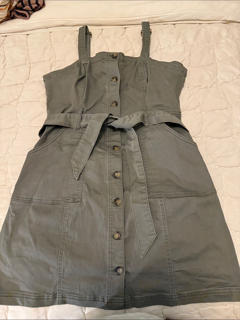 SO Olive Green Button-Front Mini Dress with Tie Waist